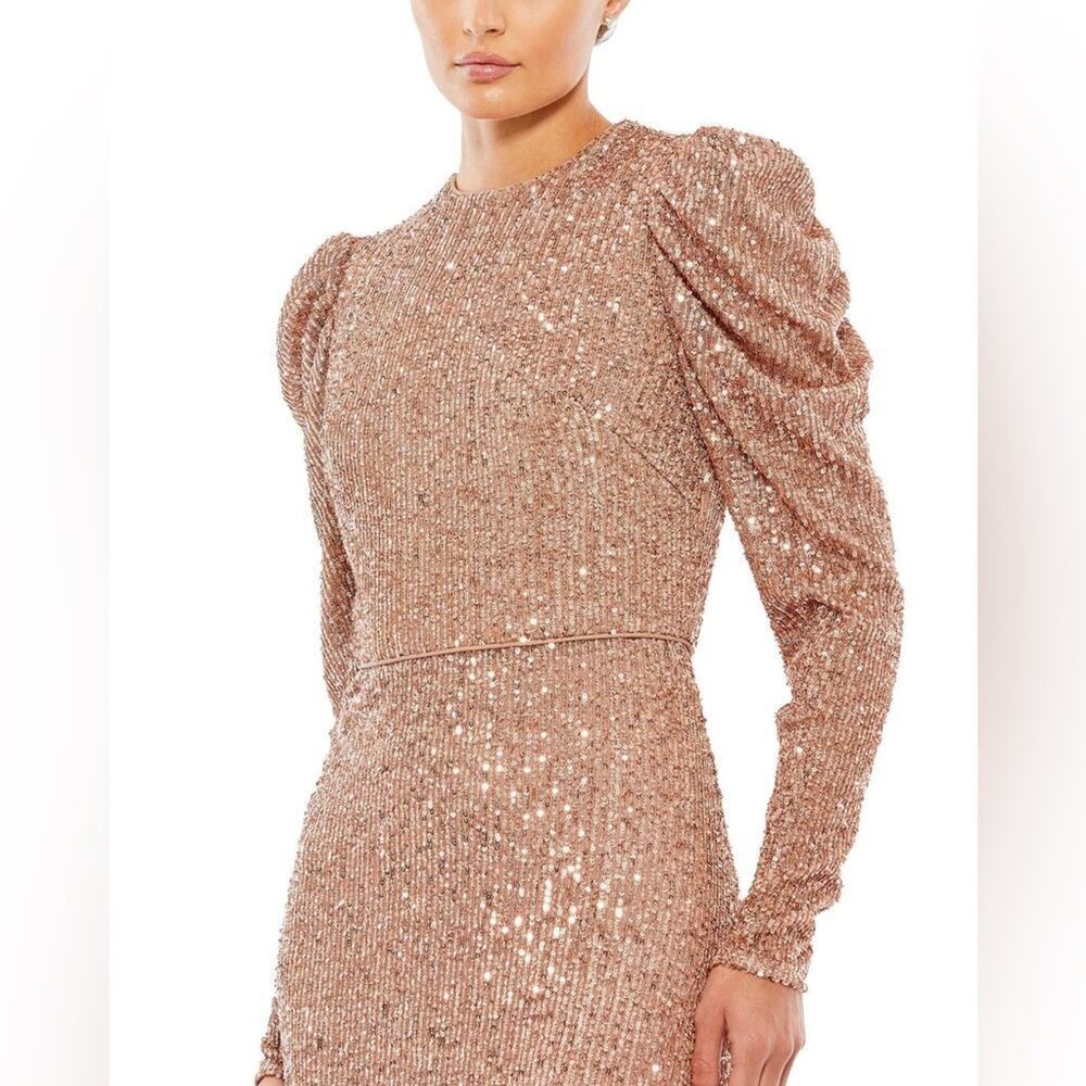 Mac Duggal SEQUINED HIGH NECK PUFF LONG SLEEVE COLUMN GOWN Gold 8 - Picture 7 of 7